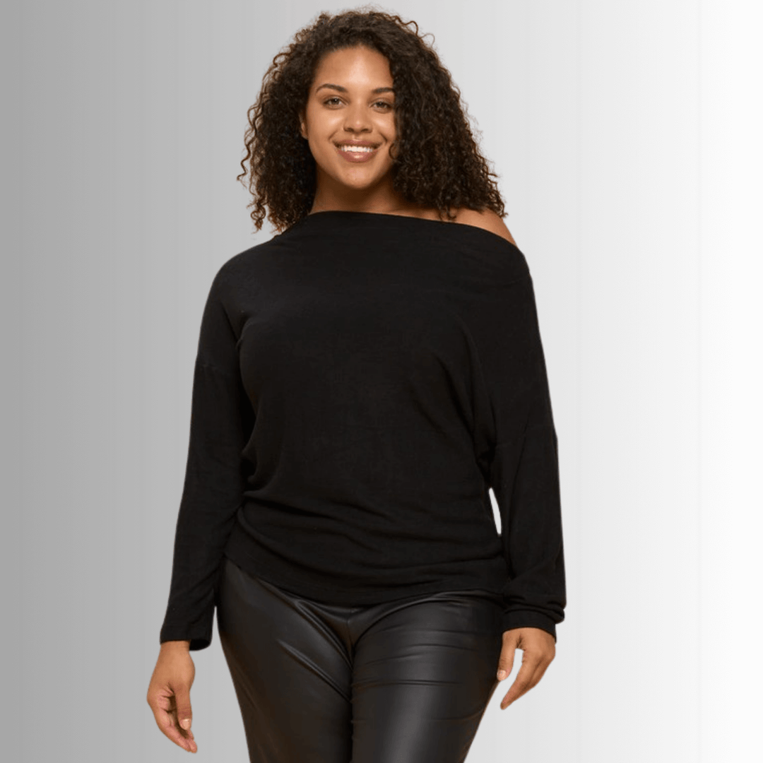 Made in USA Ladies' Plus Size Relaxed Fit Super Soft Long Sleeve Cashmere Feel Sweater Top in Black - Worn Off Shoulder or Boat Neck | Renee C Style# 4097TP | Made in America Women's Clothing Boutique