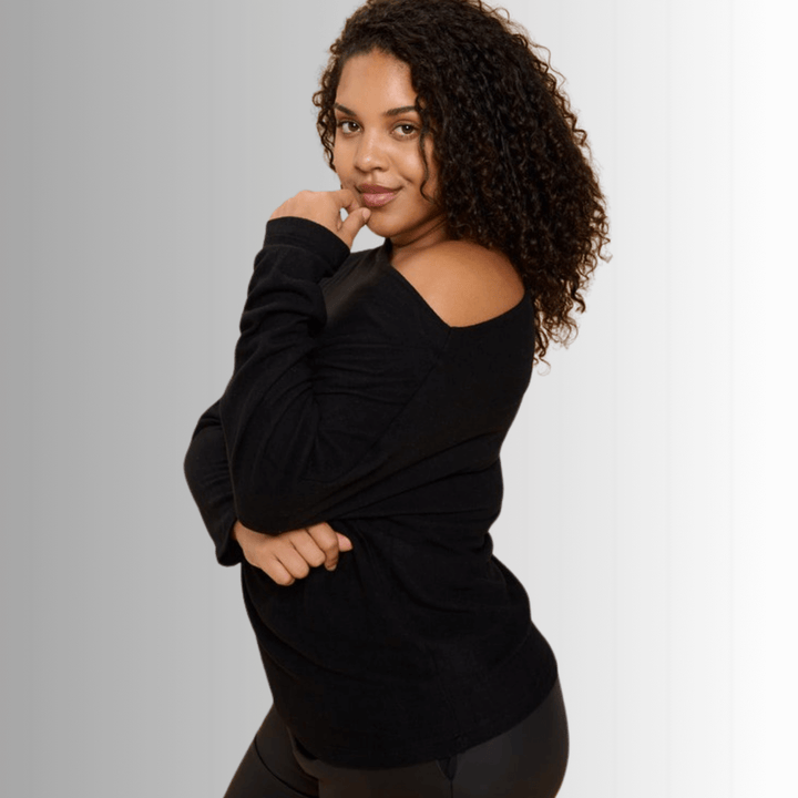 Made in USA Ladies' Plus Size Relaxed Fit Super Soft Long Sleeve Cashmere Feel Sweater Top in Black - Worn Off Shoulder or Boat Neck | Renee C Style# 4097TP | Made in America Women's Clothing Boutique