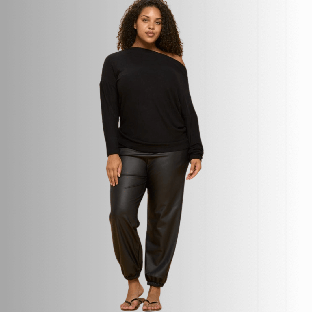 Made in USA Ladies' Plus Size Relaxed Fit Super Soft Long Sleeve Cashmere Feel Sweater Top in Black - Worn Off Shoulder or Boat Neck | Renee C Style# 4097TP | Made in America Women's Clothing Boutique