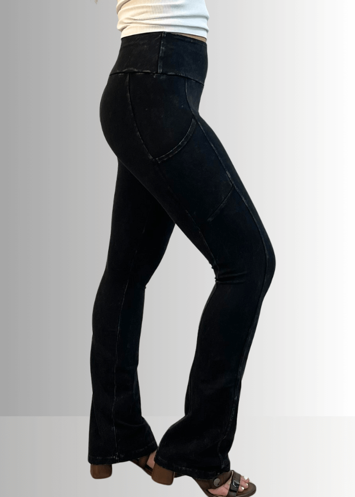 Made in USA Women's Perfect Fit Tummy Control High Rise Wide Waistband Cotton Spandex Mineral Washed Bootcut Leggings with Large Side Pockets in Mineral Washed Black | Classy Cozy Cool Made in America Boutique