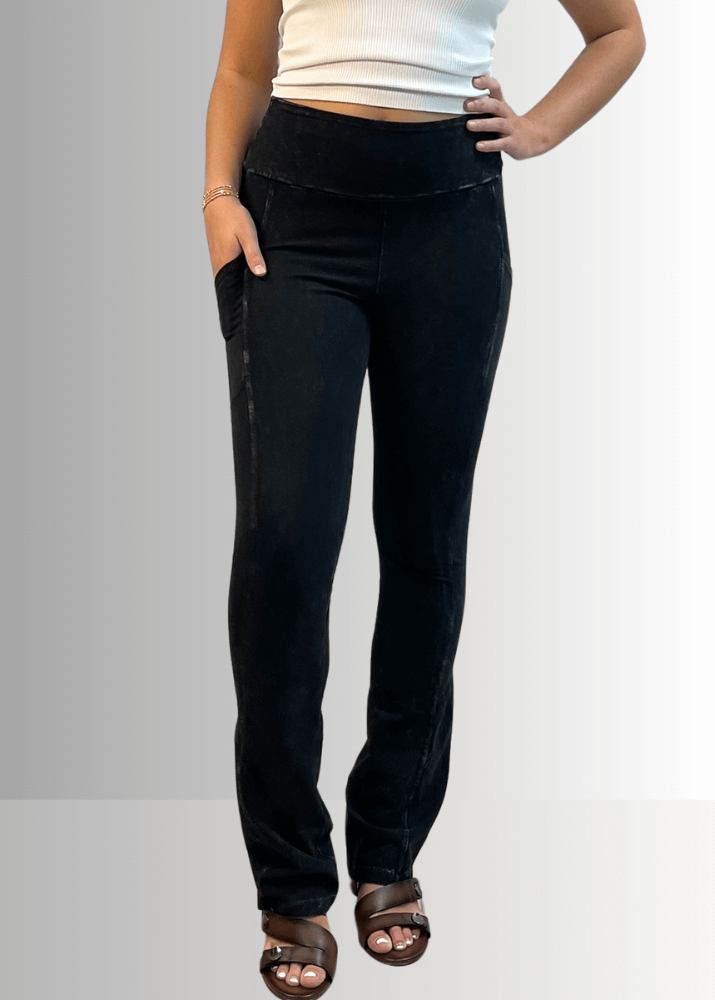 Made in USA Women's Perfect Fit Tummy Control High Rise Wide Waistband Cotton Spandex Mineral Washed Bootcut Leggings with Large Side Pockets in Mineral Washed Black | Classy Cozy Cool Made in America Boutique