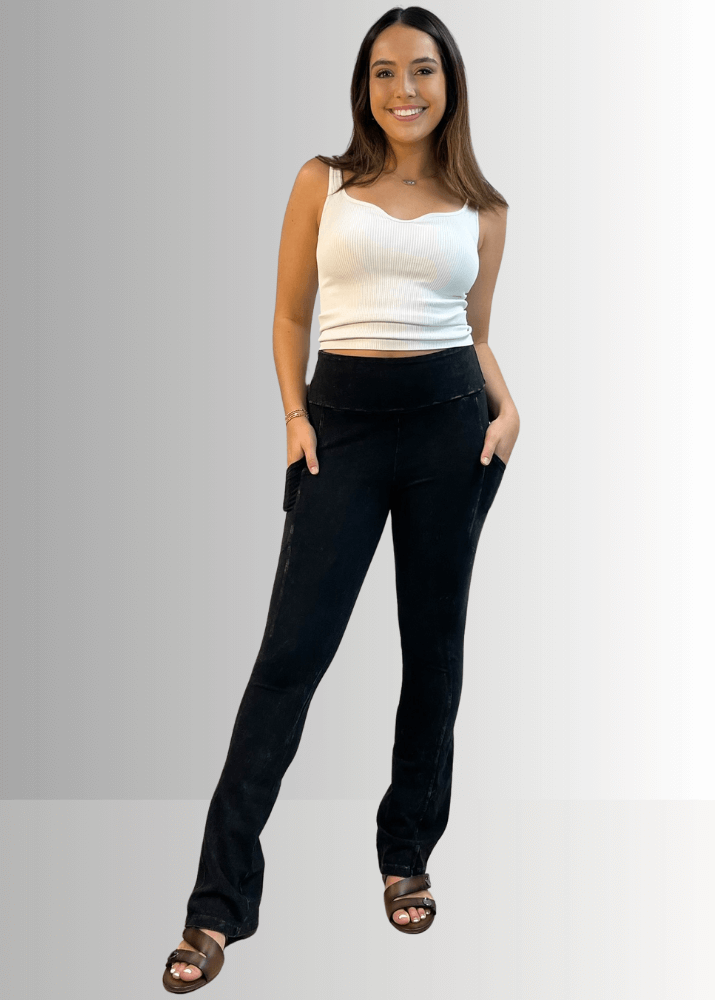 Made in USA Women's Perfect Fit Tummy Control High Rise Wide Waistband Cotton Spandex Mineral Washed Bootcut Leggings with Large Side Pockets in Mineral Washed Black | Classy Cozy Cool Made in America Boutique