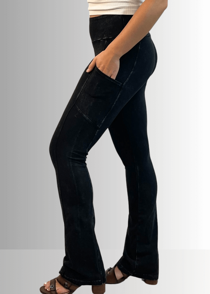 Made in USA Women's Perfect Fit Tummy Control High Rise Wide Waistband Cotton Spandex Mineral Washed Bootcut Leggings with Large Side Pockets in Mineral Washed Black | Classy Cozy Cool Made in America Boutique