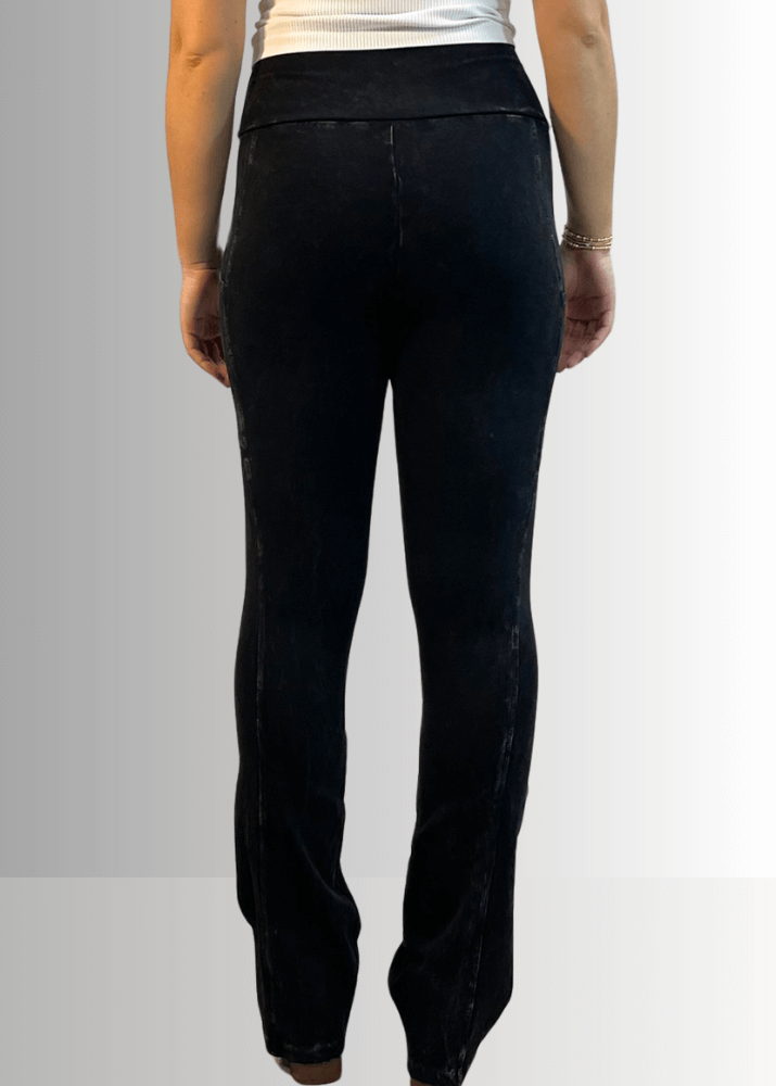Made in USA Women's Perfect Fit Tummy Control High Rise Wide Waistband Cotton Spandex Mineral Washed Bootcut Leggings with Large Side Pockets in Mineral Washed Black | Classy Cozy Cool Made in America Boutique