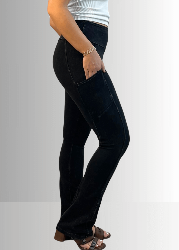 Made in USA Women's Perfect Fit Tummy Control High Rise Wide Waistband Cotton Spandex Mineral Washed Bootcut Leggings with Large Side Pockets in Mineral Washed Black | Classy Cozy Cool Made in America Boutique