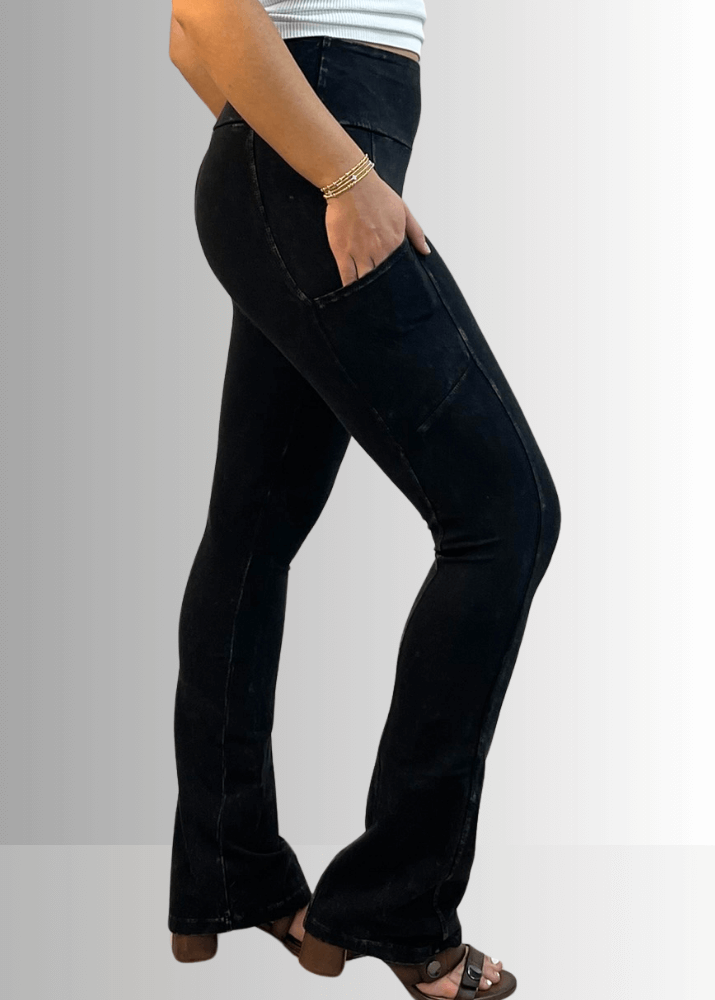Made in USA Women's Perfect Fit Tummy Control High Rise Wide Waistband Cotton Spandex Mineral Washed Bootcut Leggings with Large Side Pockets in Mineral Washed Black | Classy Cozy Cool Made in America Boutique