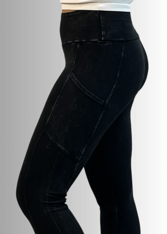 Made in USA Women's Perfect Fit Tummy Control High Rise Wide Waistband Cotton Spandex Mineral Washed Bootcut Leggings with Large Side Pockets in Mineral Washed Black | Classy Cozy Cool Made in America Boutique
