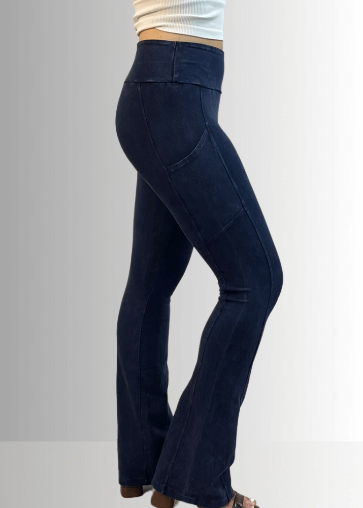 Made in USA Women's Perfect Fit Tummy Control High Rise Wide Waistband Cotton Spandex Mineral Washed Bootcut Leggings with Large Side Pockets in Mineral Washed Dark Denim | Classy Cozy Cool Made in America Boutique