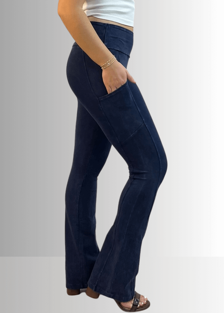 Made in USA Women's Perfect Fit Tummy Control High Rise Wide Waistband Cotton Spandex Mineral Washed Bootcut Leggings with Large Side Pockets in Mineral Washed Dark Denim | Classy Cozy Cool Made in America Boutique