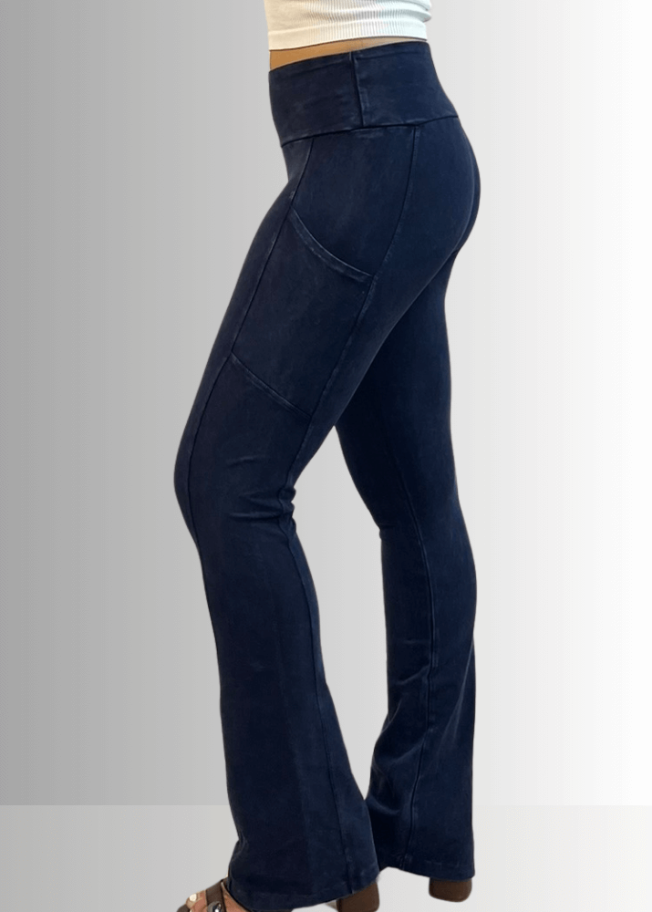 Made in USA Women's Perfect Fit Tummy Control High Rise Wide Waistband Cotton Spandex Mineral Washed Bootcut Leggings with Large Side Pockets in Mineral Washed Dark Denim | Classy Cozy Cool Made in America Boutique