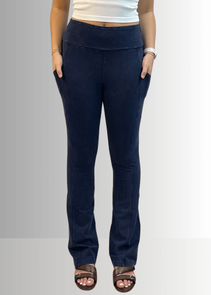 Made in USA Women's Perfect Fit Tummy Control High Rise Wide Waistband Cotton Spandex Mineral Washed Bootcut Leggings with Large Side Pockets in Mineral Washed Dark Denim | Classy Cozy Cool Made in America Boutique