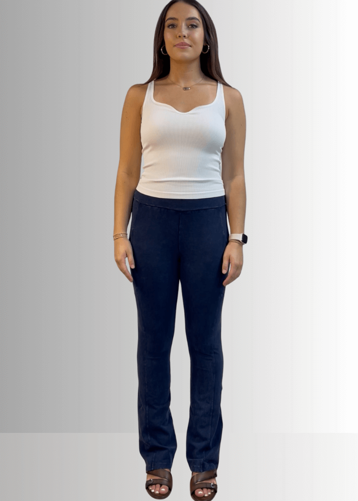 Made in USA Women's Perfect Fit Tummy Control High Rise Wide Waistband Cotton Spandex Mineral Washed Bootcut Leggings with Large Side Pockets in Mineral Washed Dark Denim | Classy Cozy Cool Made in America Boutique