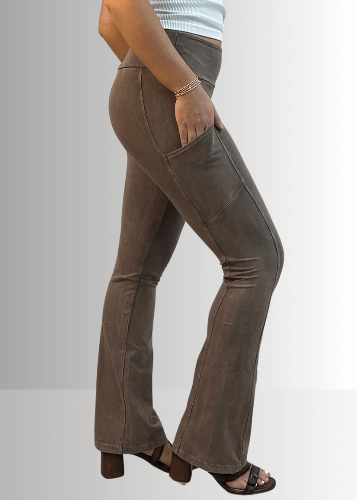 Made in USA Women's Perfect Fit Tummy Control High Rise Wide Waistband Cotton Spandex Mineral Washed Bootcut Leggings with Large Side Pockets in Mineral Washed Taupe | Classy Cozy Cool Made in America Boutique