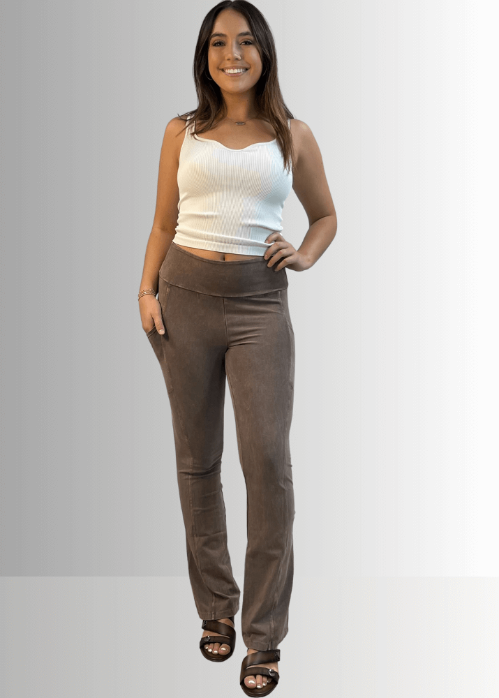 Made in USA Women's Perfect Fit Tummy Control High Rise Wide Waistband Cotton Spandex Mineral Washed Bootcut Leggings with Large Side Pockets in Mineral Washed Taupe | Classy Cozy Cool Made in America Boutique