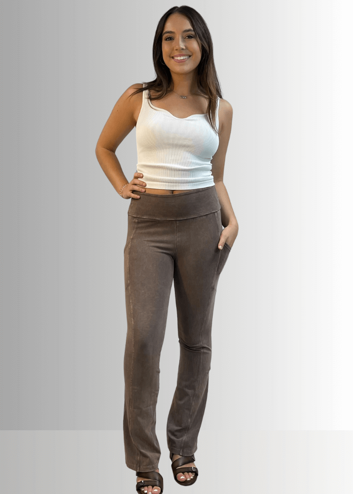 Made in USA Women's Perfect Fit Tummy Control High Rise Wide Waistband Cotton Spandex Mineral Washed Bootcut Leggings with Large Side Pockets in Mineral Washed Taupe | Classy Cozy Cool Made in America Boutique