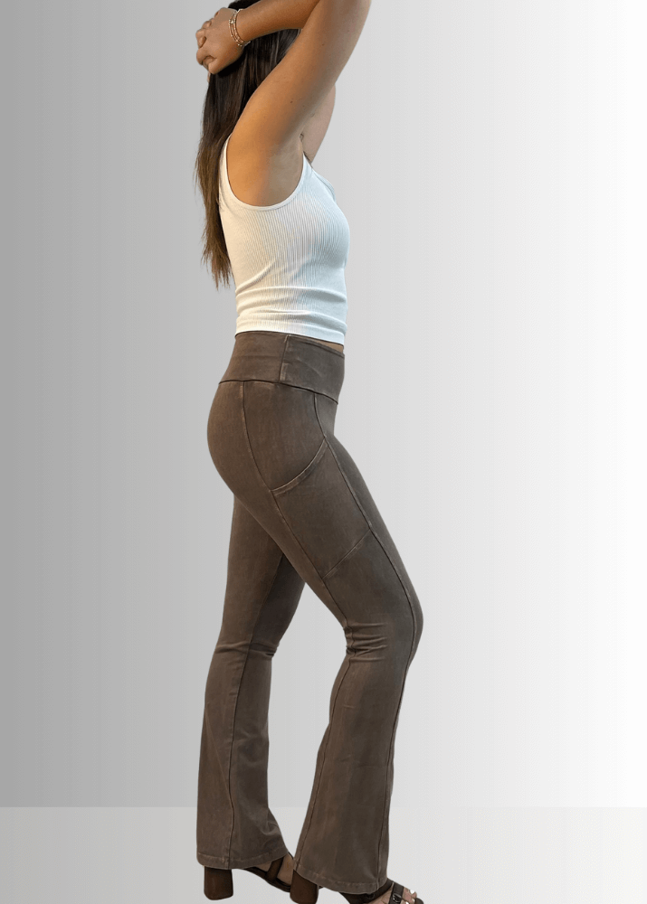 Made in USA Women's Perfect Fit Tummy Control High Rise Wide Waistband Cotton Spandex Mineral Washed Bootcut Leggings with Large Side Pockets in Mineral Washed Taupe | Classy Cozy Cool Made in America Boutique
