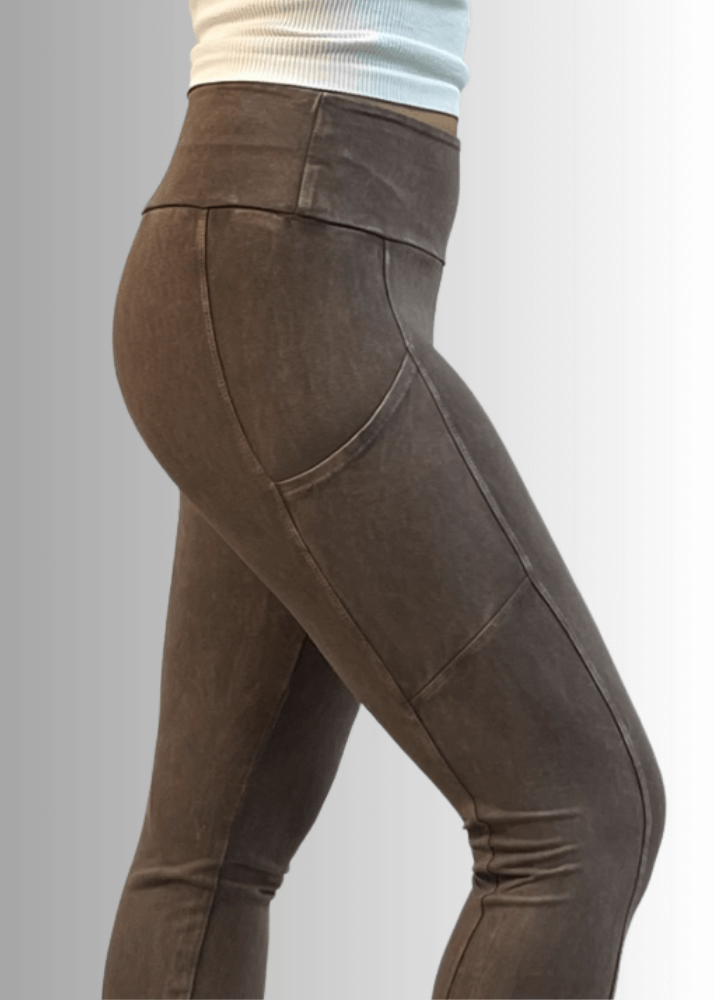 Made in USA Women's Perfect Fit Tummy Control High Rise Wide Waistband Cotton Spandex Mineral Washed Bootcut Leggings with Large Side Pockets in Mineral Washed Taupe | Classy Cozy Cool Made in America Boutique