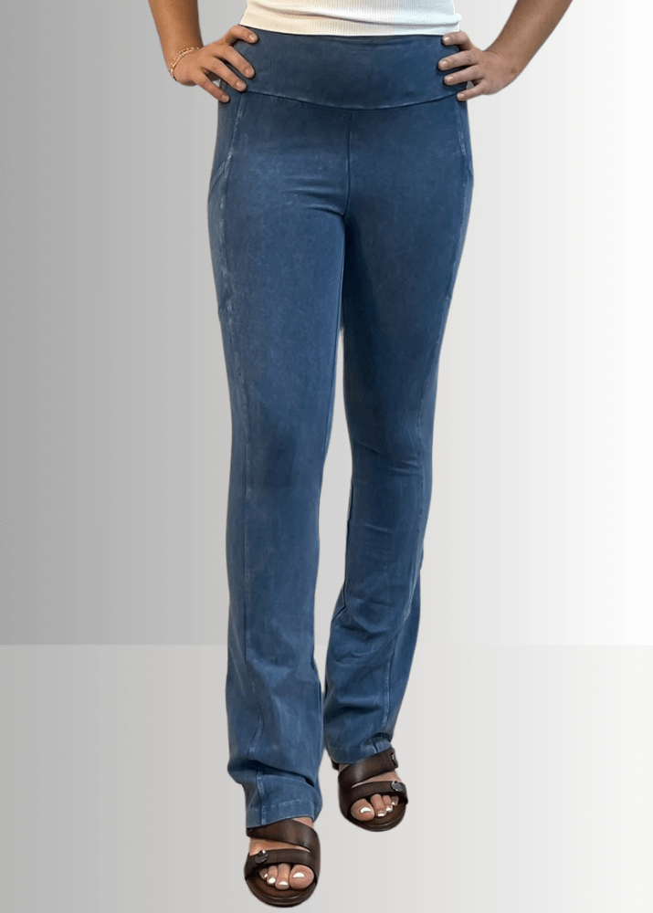 Made in USA Women's Perfect Fit Tummy Control High Rise Wide Waistband Cotton Spandex Mineral Washed Bootcut Leggings with Large Side Pockets in Light Denim | Classy Cozy Cool Made in America Boutique