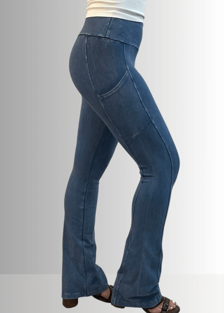 Made in USA Women's Perfect Fit Tummy Control High Rise Wide Waistband Cotton Spandex Mineral Washed Bootcut Leggings with Large Side Pockets in Light Denim | Classy Cozy Cool Made in America Boutique