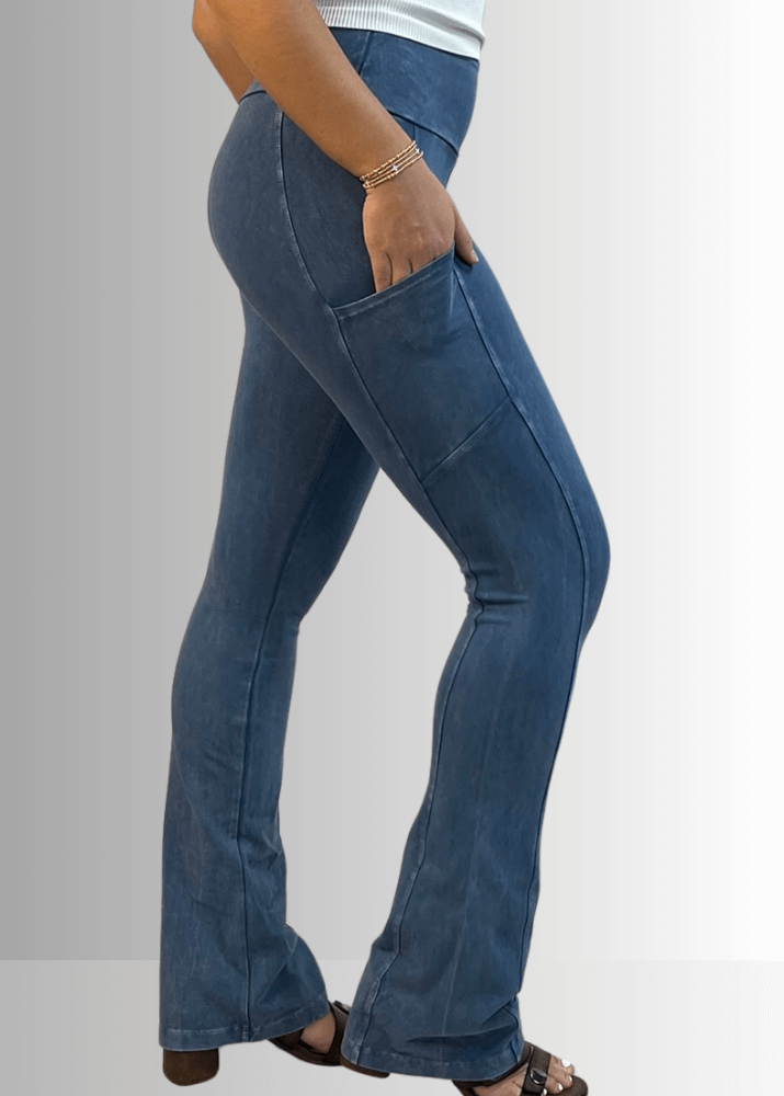 Made in USA Women's Perfect Fit Tummy Control High Rise Wide Waistband Cotton Spandex Mineral Washed Bootcut Leggings with Large Side Pockets in Light Denim | Classy Cozy Cool Made in America Boutique