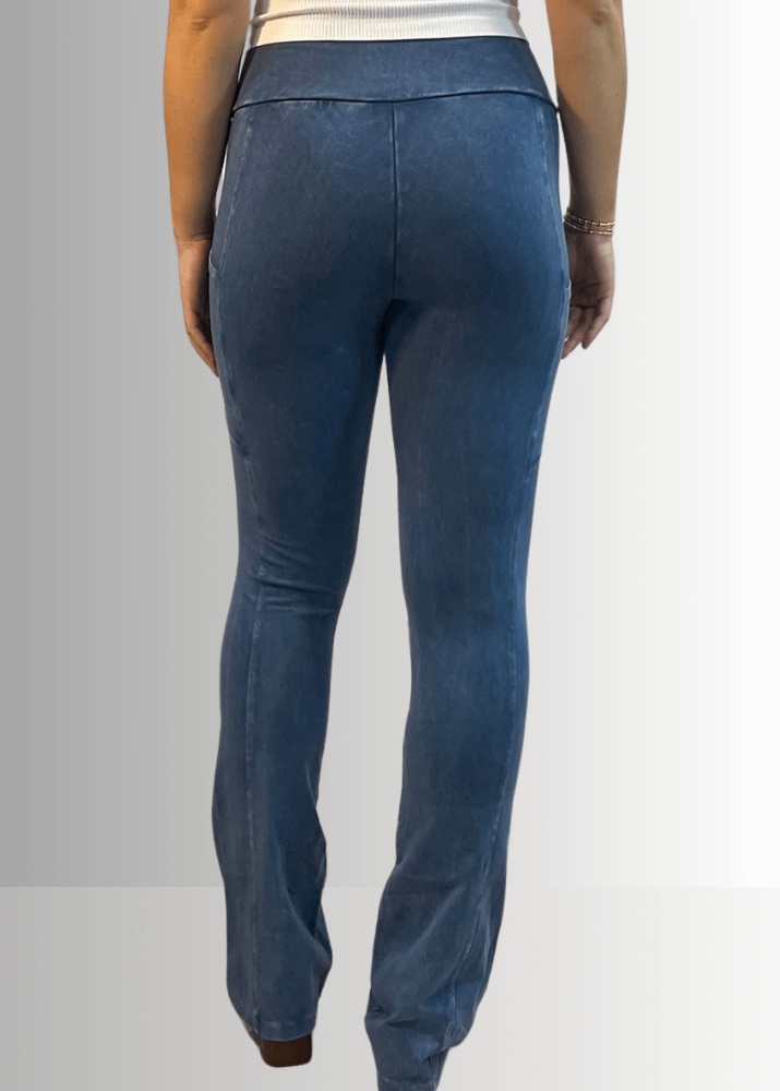 Made in USA Women's Perfect Fit Tummy Control High Rise Wide Waistband Cotton Spandex Mineral Washed Bootcut Leggings with Large Side Pockets in Light Denim | Classy Cozy Cool Made in America Boutique