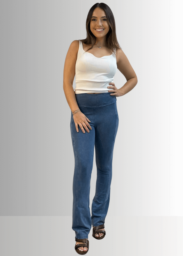 Made in USA Women's Perfect Fit Tummy Control High Rise Wide Waistband Cotton Spandex Mineral Washed Bootcut Leggings with Large Side Pockets in Light Denim | Classy Cozy Cool Made in America Boutique