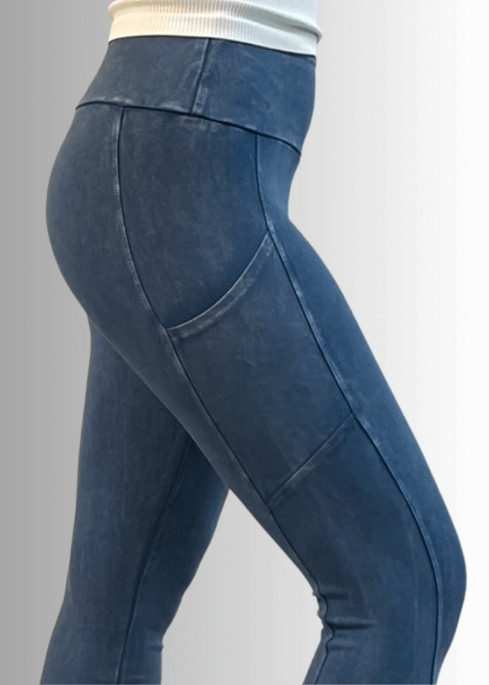 Made in USA Women's Perfect Fit Tummy Control High Rise Wide Waistband Cotton Spandex Mineral Washed Bootcut Leggings with Large Side Pockets in Light Denim | Classy Cozy Cool Made in America Boutique