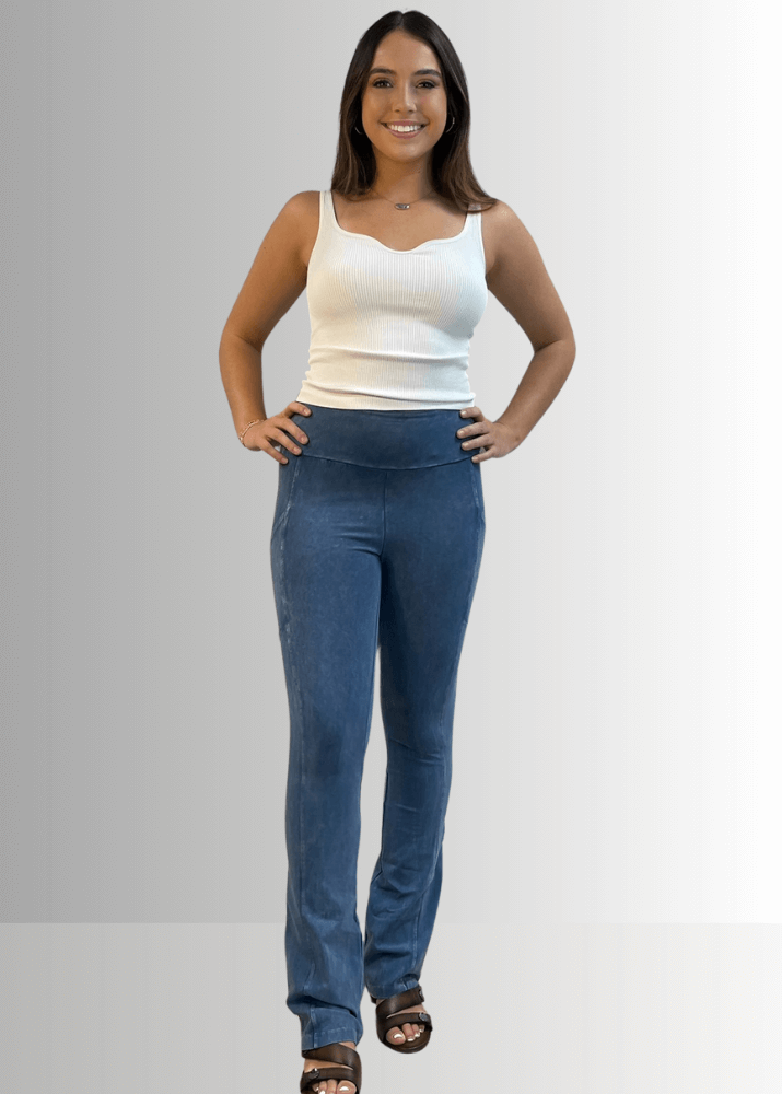 Made in USA Women's Perfect Fit Tummy Control High Rise Wide Waistband Cotton Spandex Mineral Washed Bootcut Leggings with Large Side Pockets in Light Denim | Classy Cozy Cool Made in America Boutique