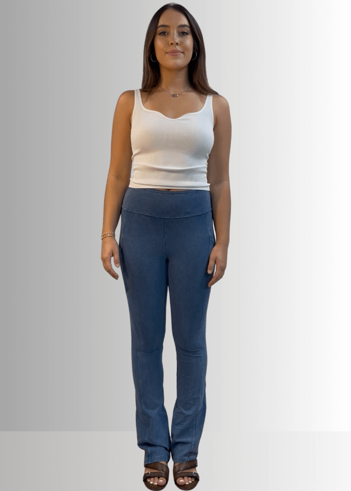 Made in USA Women's Perfect Fit Tummy Control High Rise Wide Waistband Cotton Spandex Mineral Washed Bootcut Leggings with Large Side Pockets in Light Denim | Classy Cozy Cool Made in America Boutique