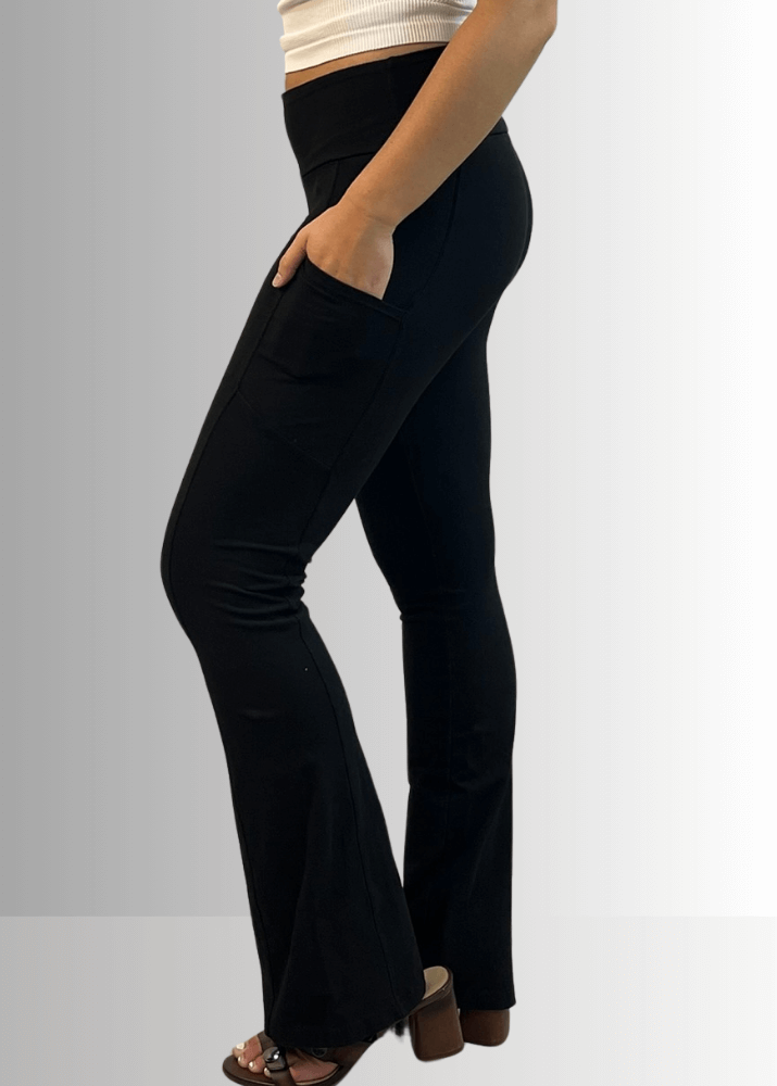 Made in USA Women's Perfect Fit Tummy Control High Rise Wide Waistband Cotton Spandex Mineral Washed Bootcut Leggings with Large Side Pockets in Solid Black | Classy Cozy Cool Made in America Boutique