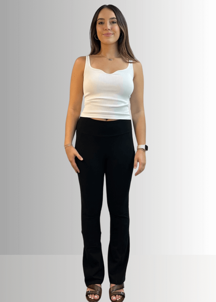 Made in USA Women's Perfect Fit Tummy Control High Rise Wide Waistband Cotton Spandex Mineral Washed Bootcut Leggings with Large Side Pockets in Solid Black | Classy Cozy Cool Made in America Boutique