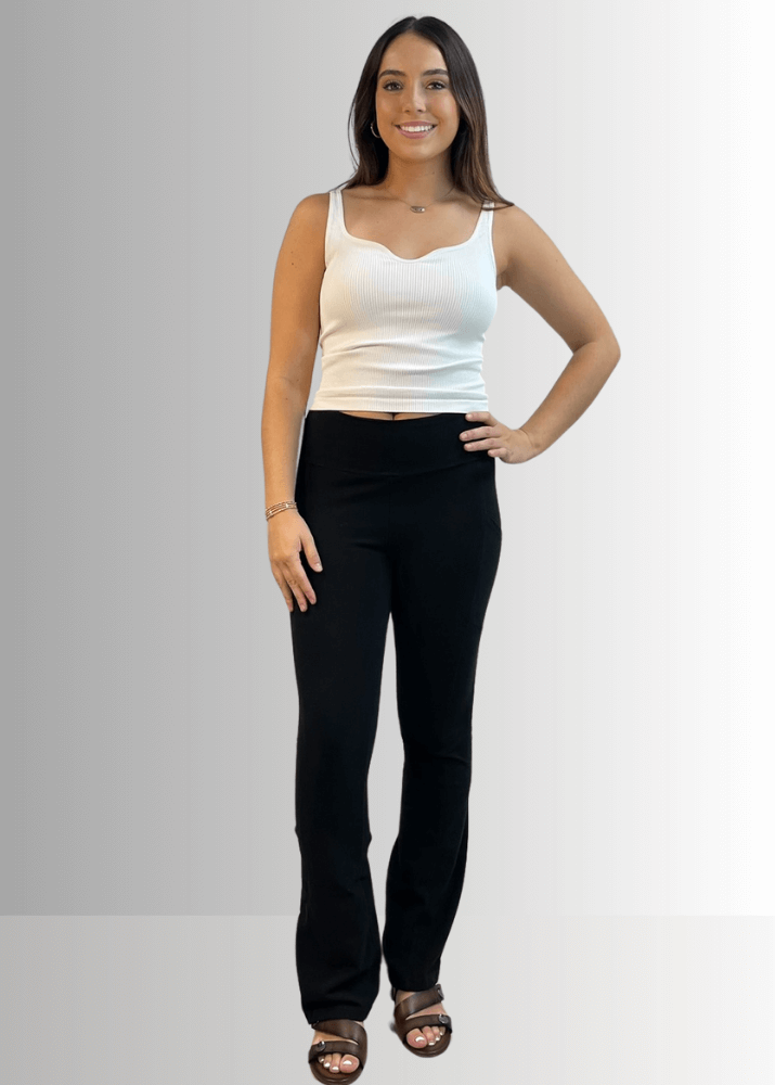 Made in USA Women's Perfect Fit Tummy Control High Rise Wide Waistband Cotton Spandex Mineral Washed Bootcut Leggings with Large Side Pockets in Solid Black | Classy Cozy Cool Made in America Boutique