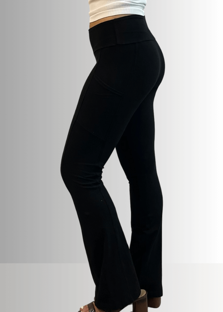 Made in USA Women's Perfect Fit Tummy Control High Rise Wide Waistband Cotton Spandex Mineral Washed Bootcut Leggings with Large Side Pockets in Solid Black | Classy Cozy Cool Made in America Boutique