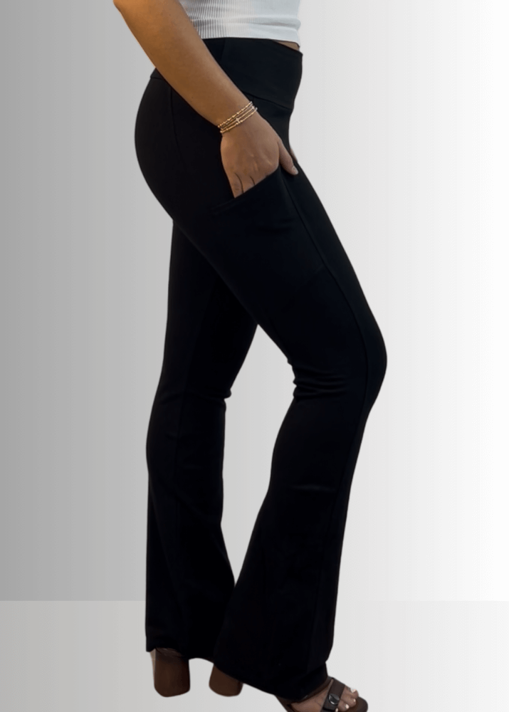 Made in USA Women's Perfect Fit Tummy Control High Rise Wide Waistband Cotton Spandex Mineral Washed Bootcut Leggings with Large Side Pockets in Solid Black | Classy Cozy Cool Made in America Boutique