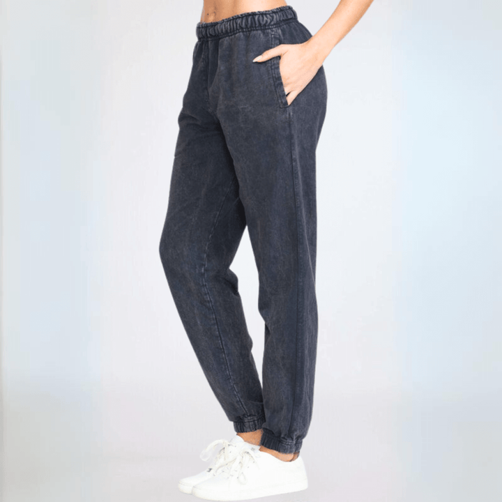 USA Made Women's Casual Cotton French Terry Mineral Washed Navy Joggers with Side Pockets and Elastic Drawstring Waist | Classy Cozy Cool Made in America Boutique