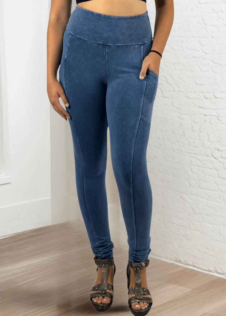 Made in USA Women's Tummy Control Wide Waistband Cotton Spandex Mineral Washed Leggings with Large Side Pockets in Light Blue Denim | Classy Cozy Cool Made in America Boutique