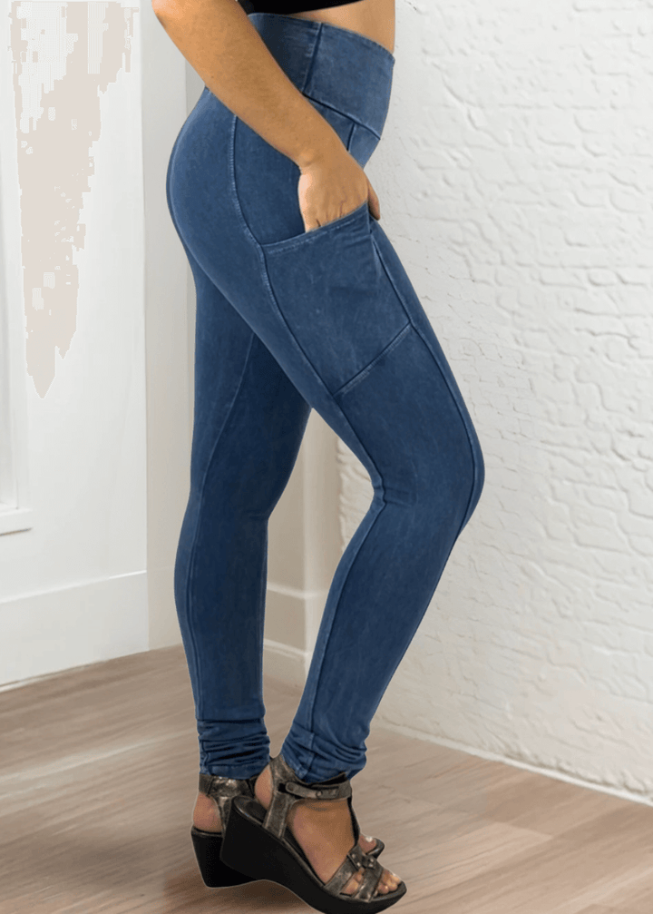 Made in USA Women's Tummy Control Wide Waistband Cotton Spandex Mineral Washed Leggings with Large Side Pockets in Light Blue Denim | Classy Cozy Cool Made in America Boutique