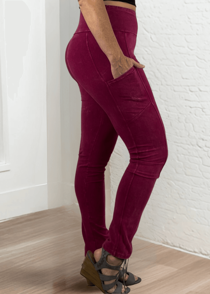 Made in USA Women's Tummy Control Wide Waistband Cotton Spandex Mineral Washed Leggings with Large Side Pockets | Classy Cozy Cool Made in America Boutique