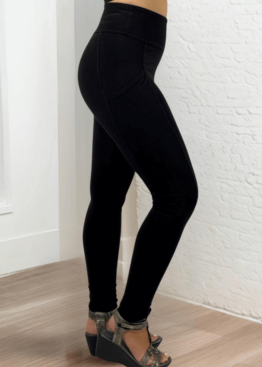 Made in USA Women's Tummy Control Wide Waistband Cotton Spandex Garment Washed Solid Leggings with Large Side Pockets in Black | Classy Cozy Cool Made in America Boutique