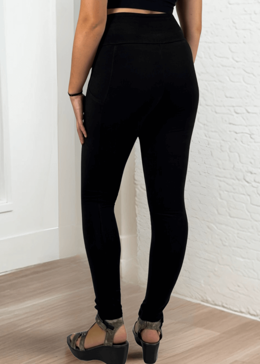 Made in USA Women's Tummy Control Wide Waistband Cotton Spandex Garment Washed Solid Leggings with Large Side Pockets in Black | Classy Cozy Cool Made in America Boutique
