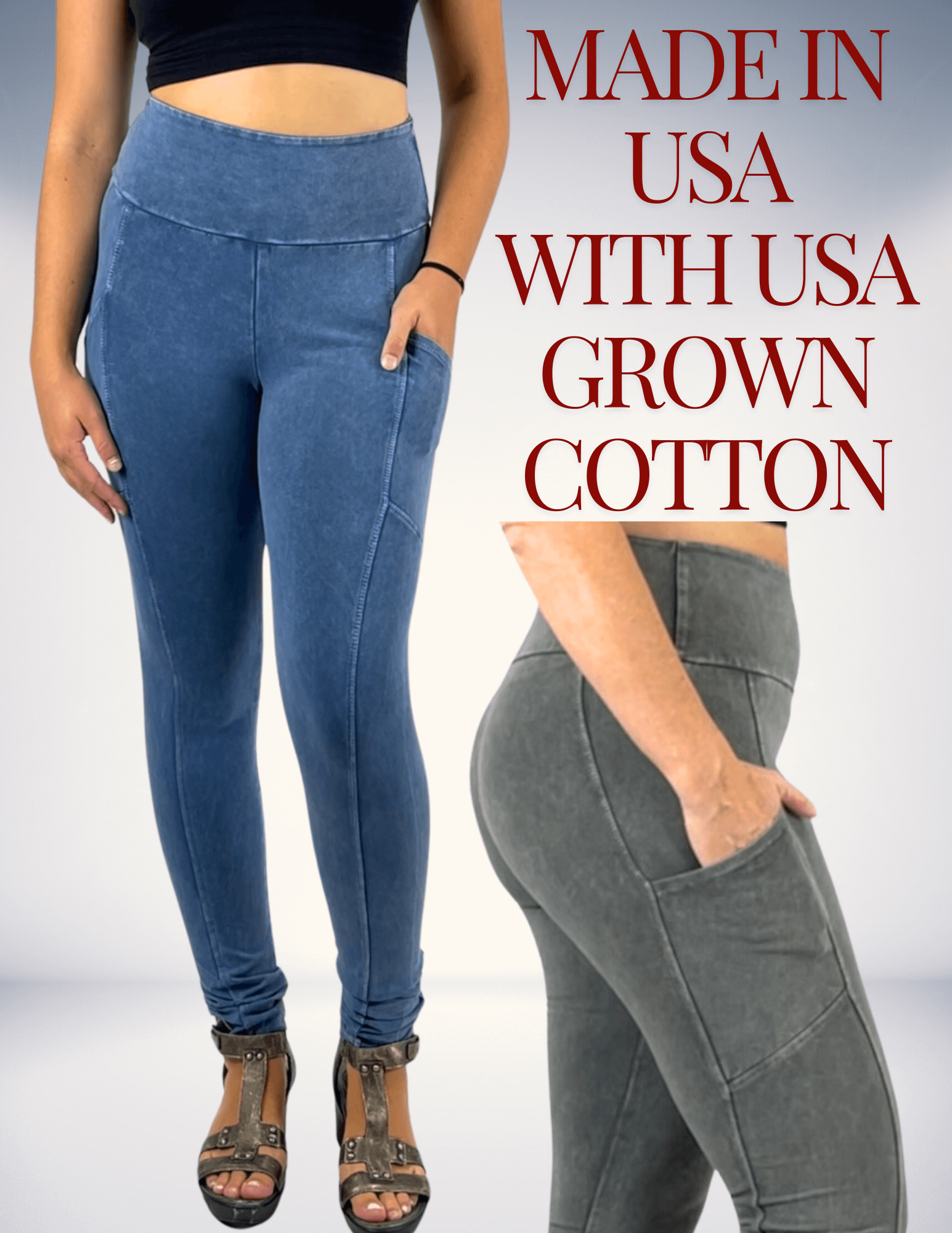 Made in USA with USA Grown Cotton, Women's Perfect Fit Pocket Leggings.  Available in 9 Mineral Washed Colors | Classy Cozy Cool Made in America Boutique