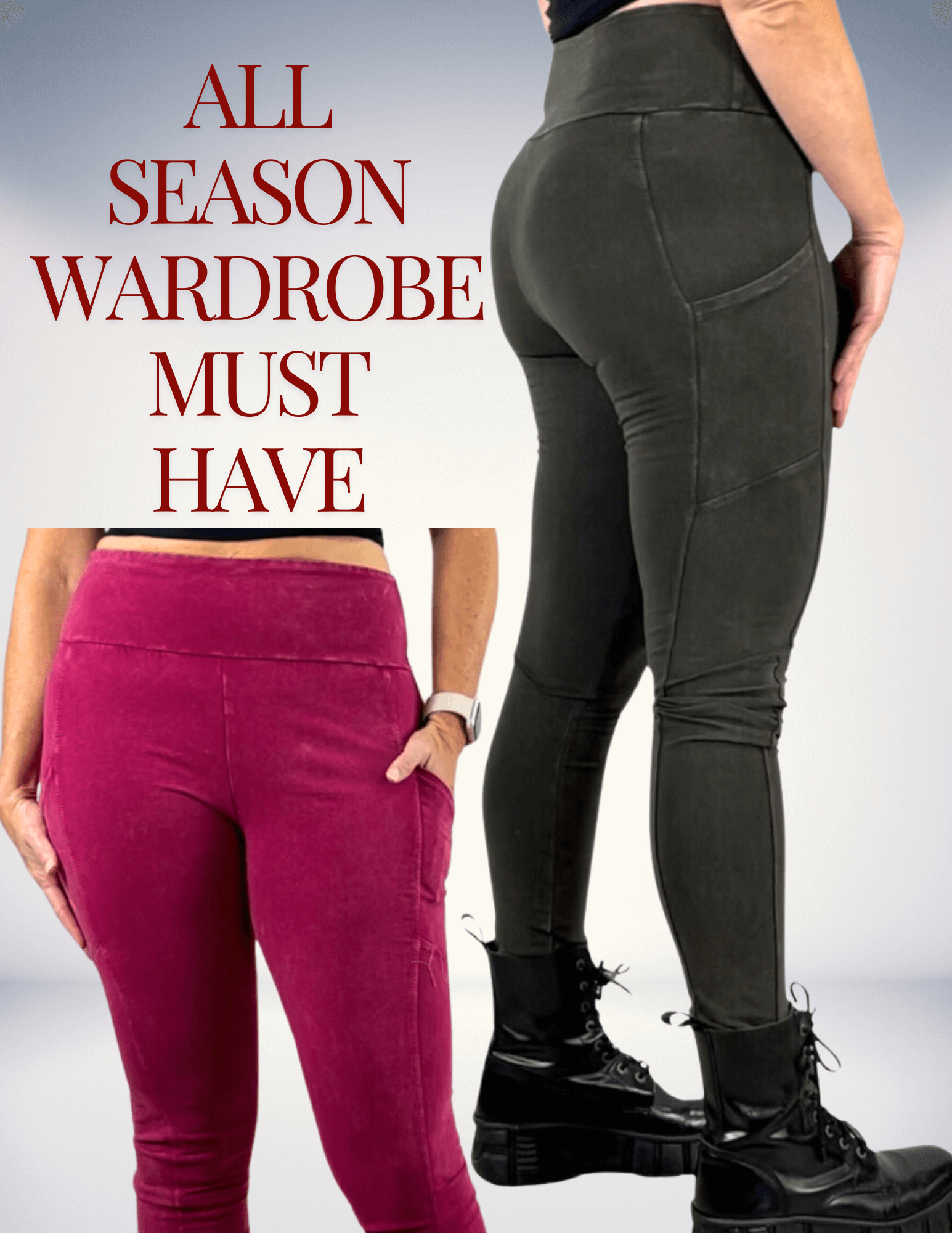 Made in USA with USA Grown Cotton, Women's Perfect Fit Pocket Leggings.  Available in 9 Mineral Washed Colors | Classy Cozy Cool Made in America Boutique