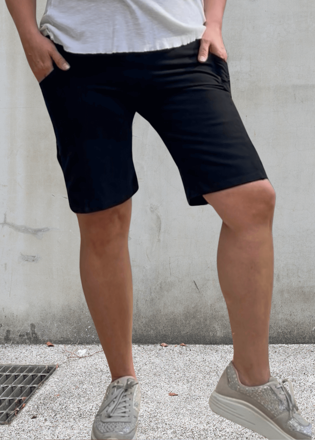 Made in USA Women's Perfect Fit Premium Tummy Control, Fitted  Walking Shorts in Black, Large Side Pockets, Wide Waistband, Long Length | 95% Cotton 5% Spandex | Style C30731 