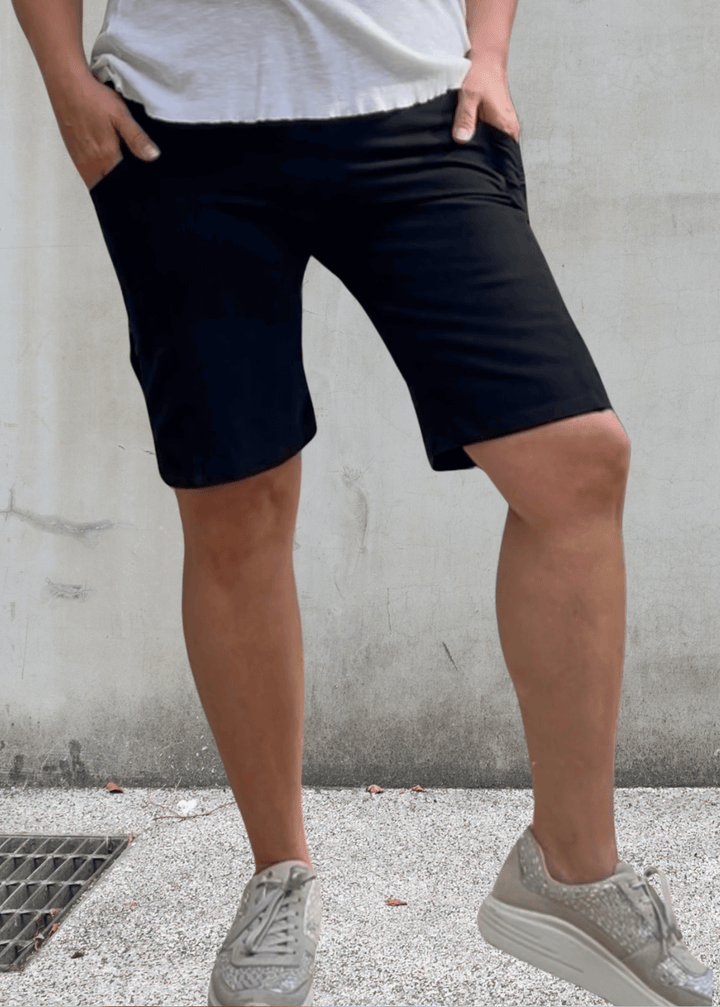 Made in USA Women's Perfect Fit Premium Tummy Control, Fitted  Walking Shorts in Black, Large Side Pockets, Wide Waistband, Long Length | 95% Cotton 5% Spandex | Style C30731 