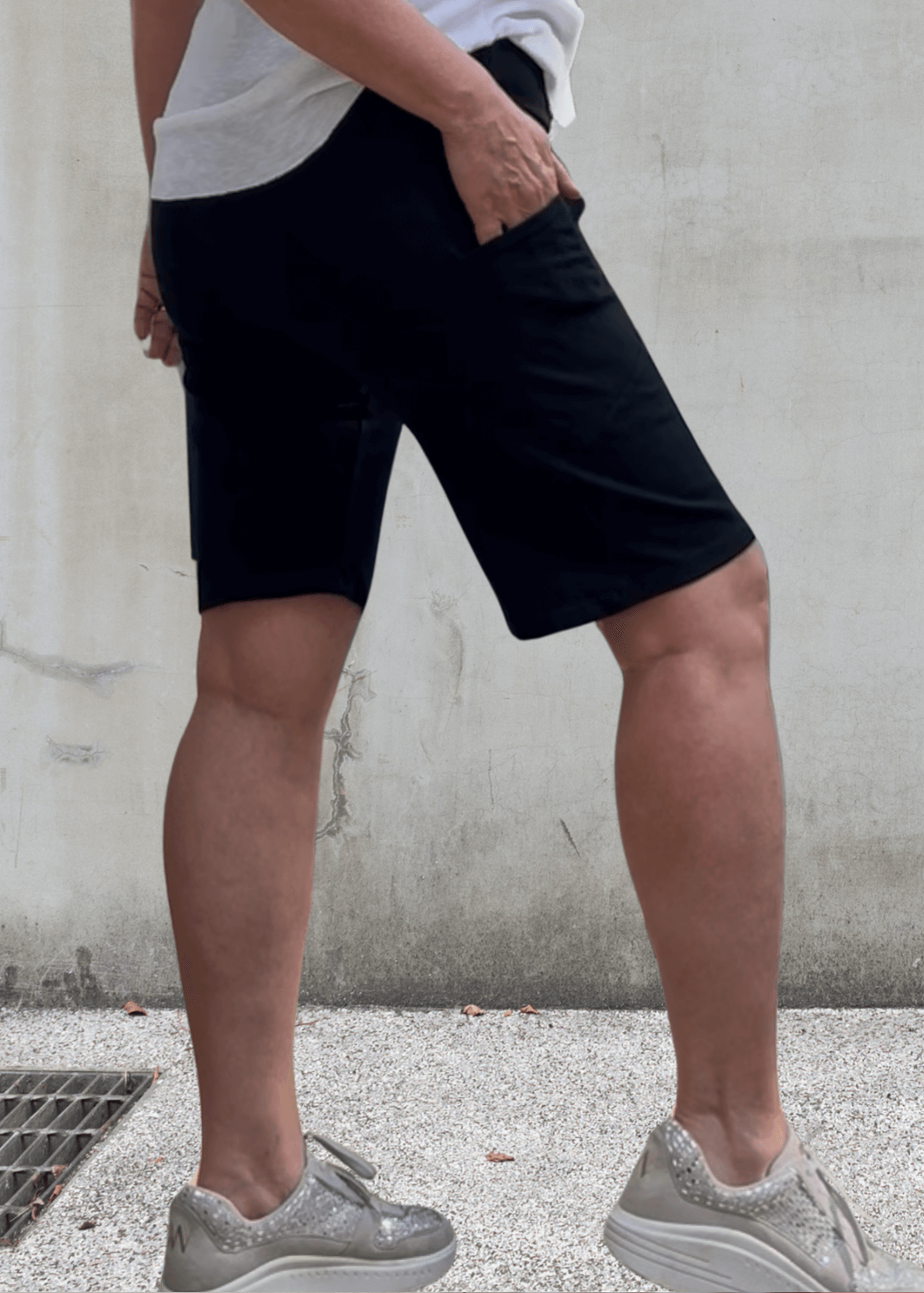 Made in USA Women's Perfect Fit Premium Tummy Control, Fitted  Walking Shorts in Black, Large Side Pockets, Wide Waistband, Long Length | 95% Cotton 5% Spandex | Style C30731 