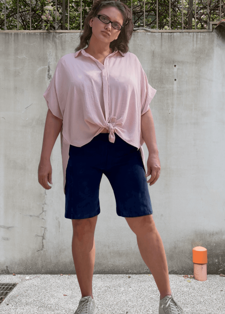 Made in USA Women's Perfect Fit Premium Tummy Control, Fitted  Walking Shorts in Dark Denim, Large Side Pockets, Wide Waistband, Long Length | 95% Cotton 5% Spandex | Style C30731 