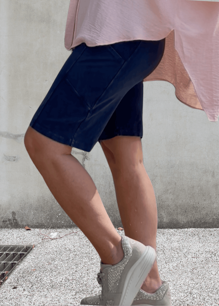 Made in USA Women's Perfect Fit Premium Tummy Control, Fitted  Walking Shorts in Dark Denim, Large Side Pockets, Wide Waistband, Long Length | 95% Cotton 5% Spandex | Style C30731 