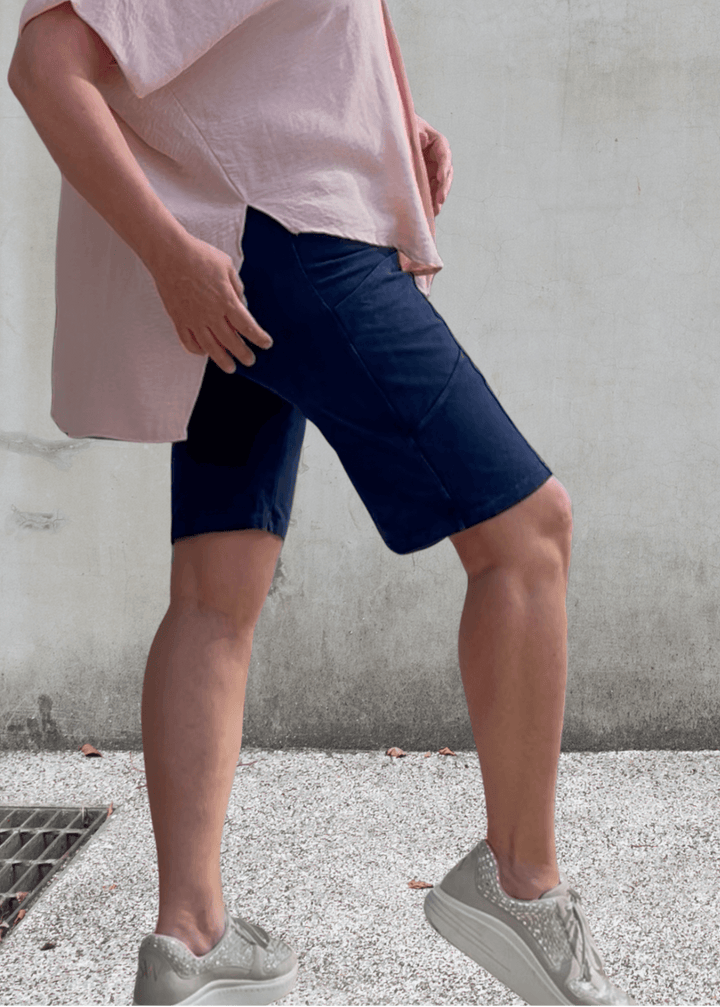 Made in USA Women's Perfect Fit Premium Tummy Control, Fitted  Walking Shorts in Dark Denim, Large Side Pockets, Wide Waistband, Long Length | 95% Cotton 5% Spandex | Style C30731 
