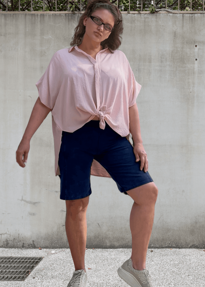 Made in USA Women's Perfect Fit Premium Tummy Control, Fitted  Walking Shorts in Dark Denim, Large Side Pockets, Wide Waistband, Long Length | 95% Cotton 5% Spandex | Style C30731 