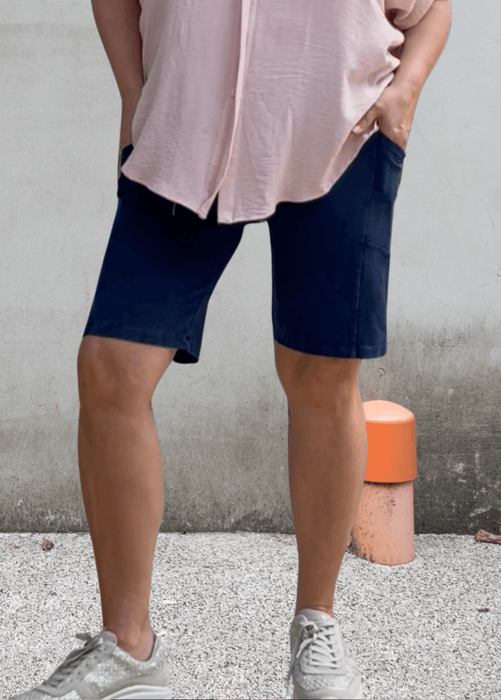 Made in USA Women's Perfect Fit Premium Tummy Control, Fitted  Walking Shorts in Dark Denim, Large Side Pockets, Wide Waistband, Long Length | 95% Cotton 5% Spandex | Style C30731 